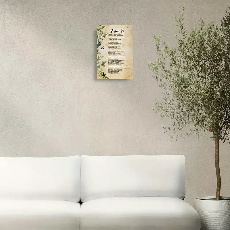 A framed piece of canvas wall art featuring a Bible verse, titled Salma 91, displayed on a light gray wall next to a large gr