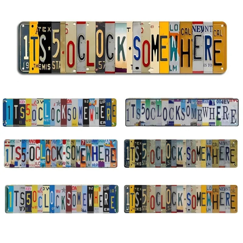 A set of rustic metal signs featuring the phrase Five O'Clock Somewhere for bar and wall decor