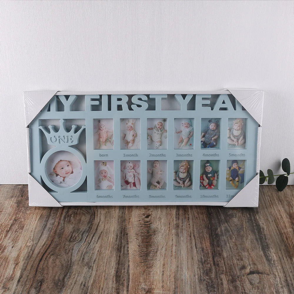 A photo frame display showing monthly growth photos for a baby's first year, including a crown icon and various milestone pic