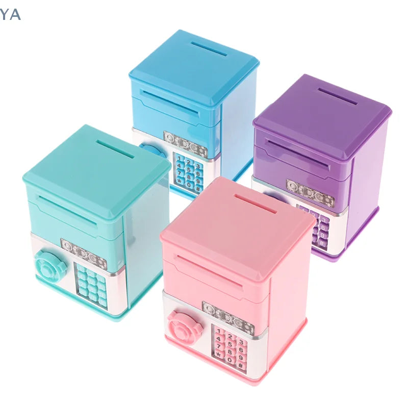 A set of four colorful plastic piggy banks or mini money boxes in shades of blue, purple, and pink.