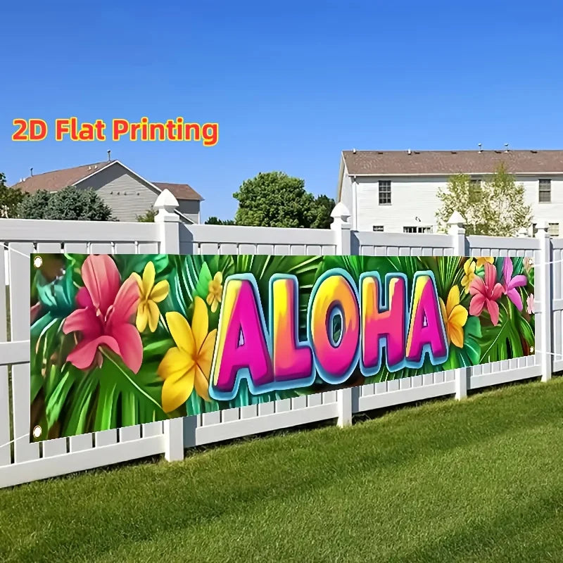 A 2D flat printing banner featuring the word ALOHA in colorful tropical flowers and leaves for outdoor decor.