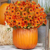 An orange pumpkin vase filled with bright orange and yellow artificial autumn flowers.