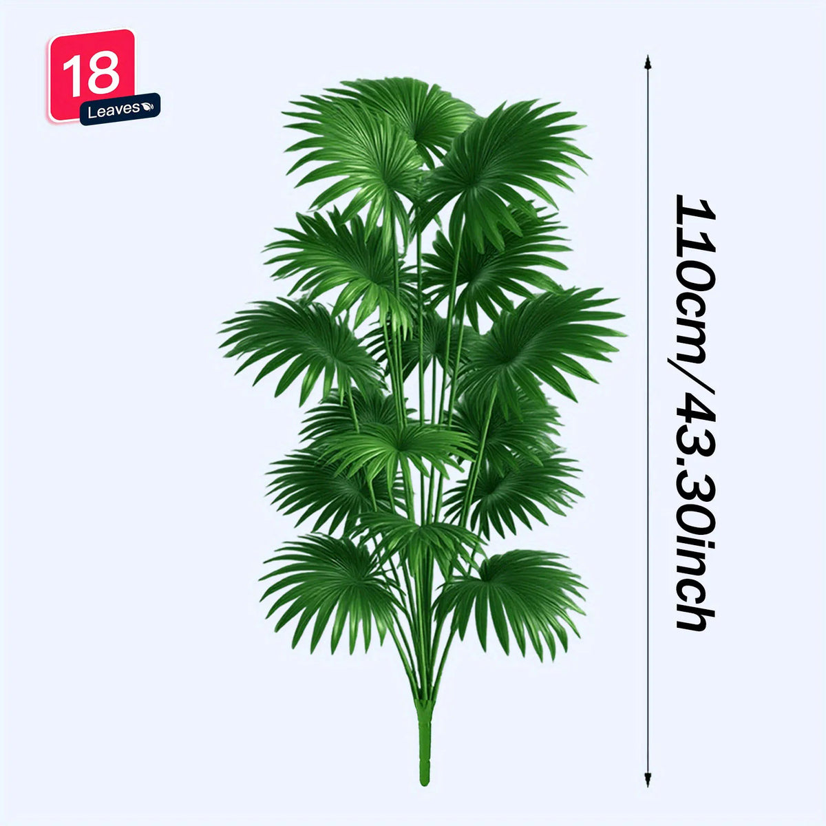 Large artificial palm tree with green fronds and a tall stem, shown against a white background.