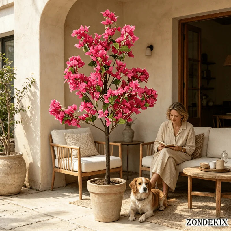 Eine rosa Bougainvillea-Pflanze in einem Terrakottatopf wird drinnen neben einem Sofa und einem Holztisch präsentiert.