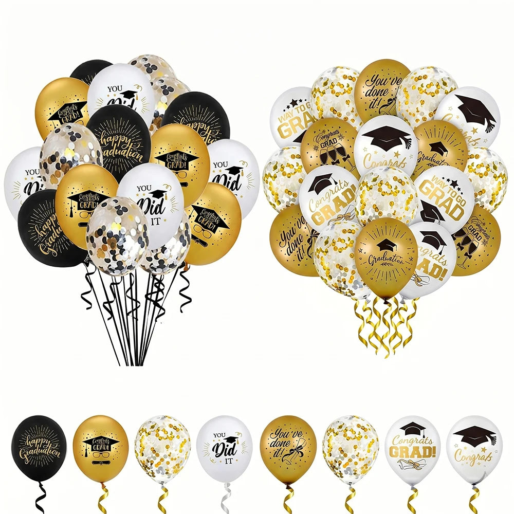 A collection of black, gold, and white graduation balloons featuring cap and star designs.