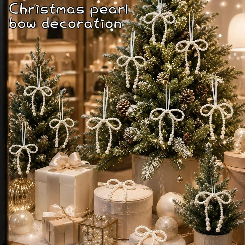 Elegant pearl bow decorations and ornaments adorning a festive Christmas tree.