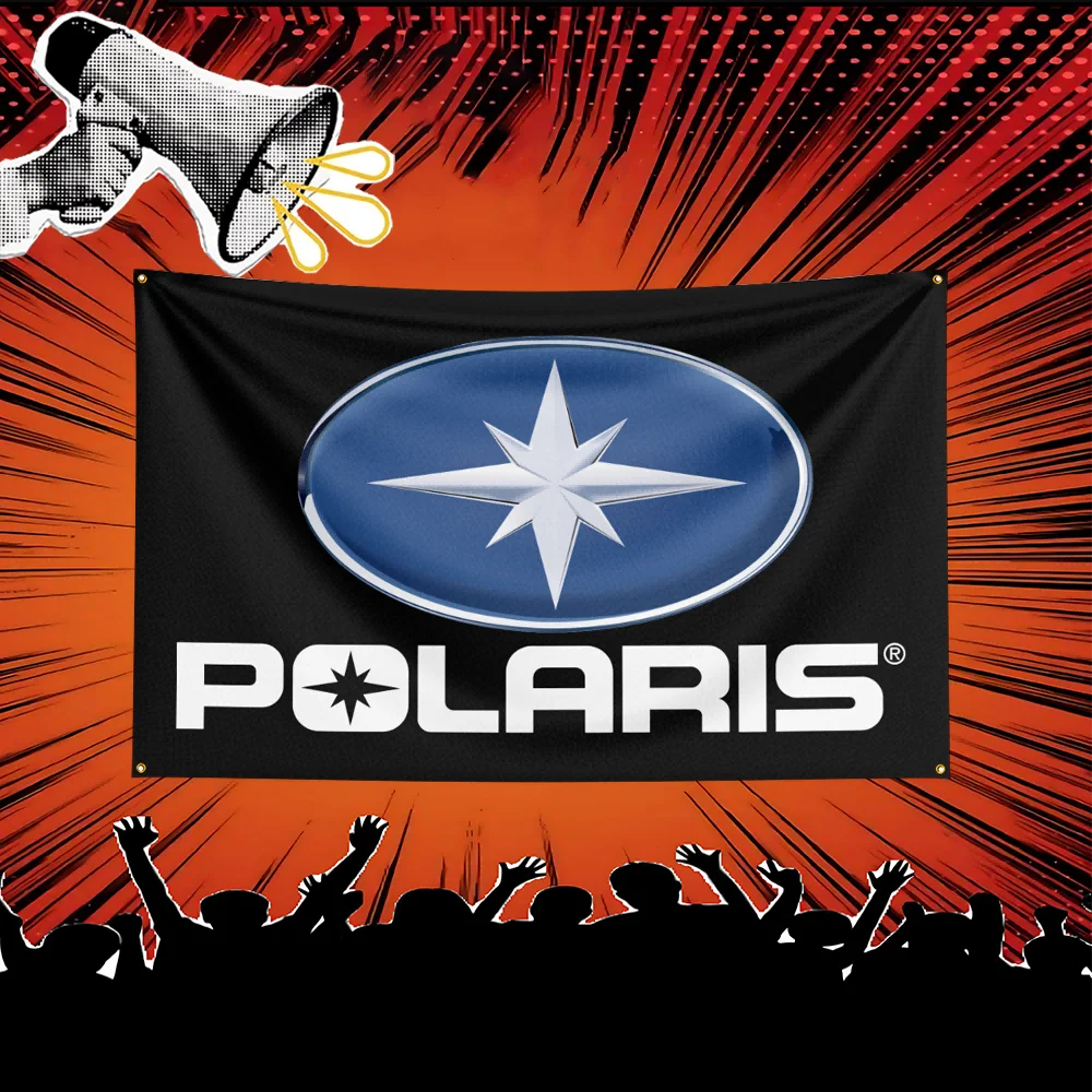 A black banner featuring the Polaris logo on a blue oval, set against an orange background with radiating lines.