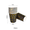 A set of 10 black and gold disposable cups with a lid shown next to a measurement guide.