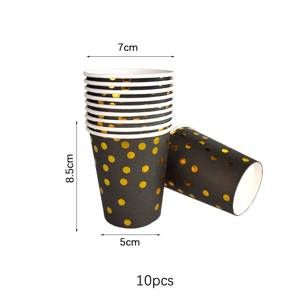 A set of 10 black and gold disposable cups with a lid shown next to a measurement guide.
