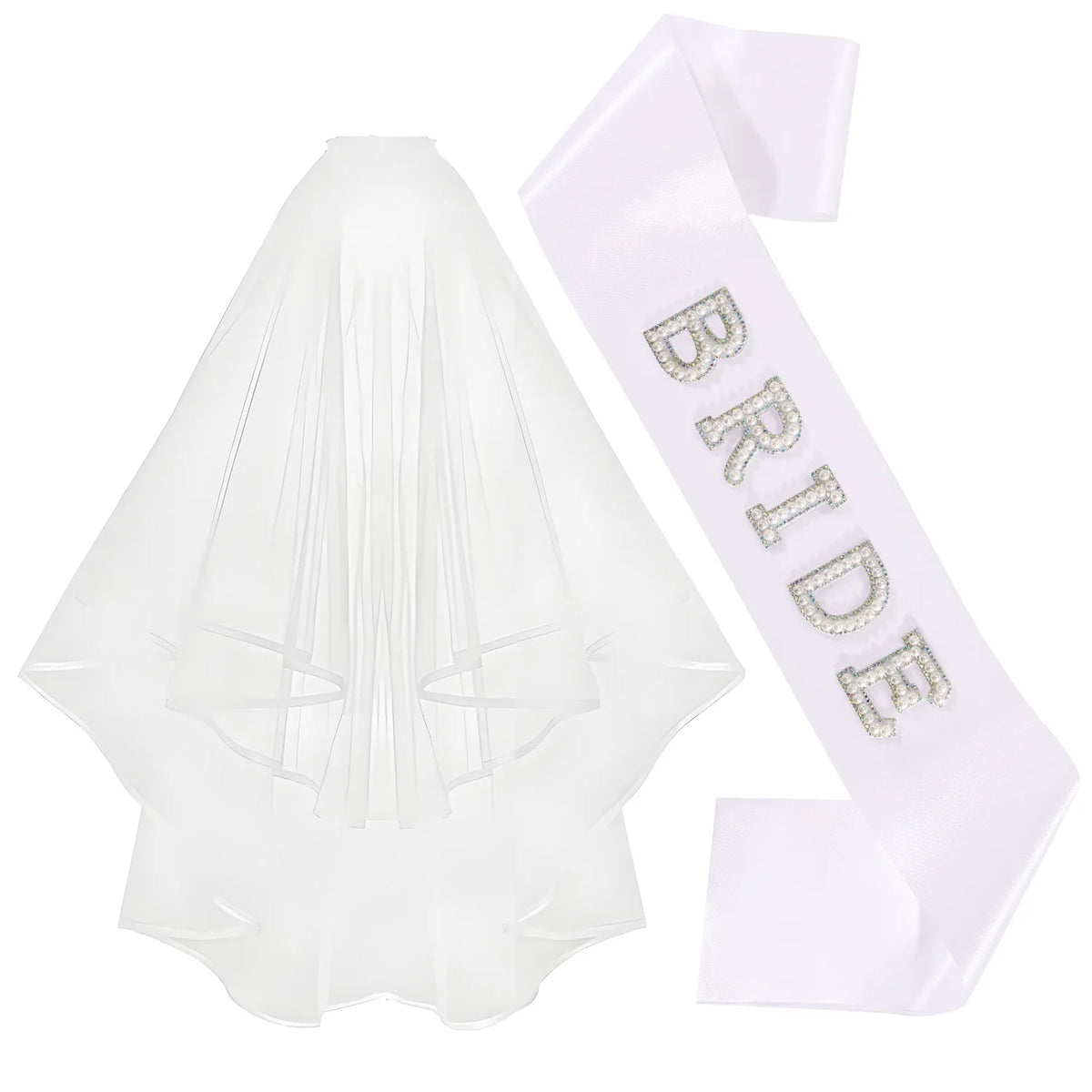 Accessoire de mariage en perle blanche : bandeau, diadème et voile.