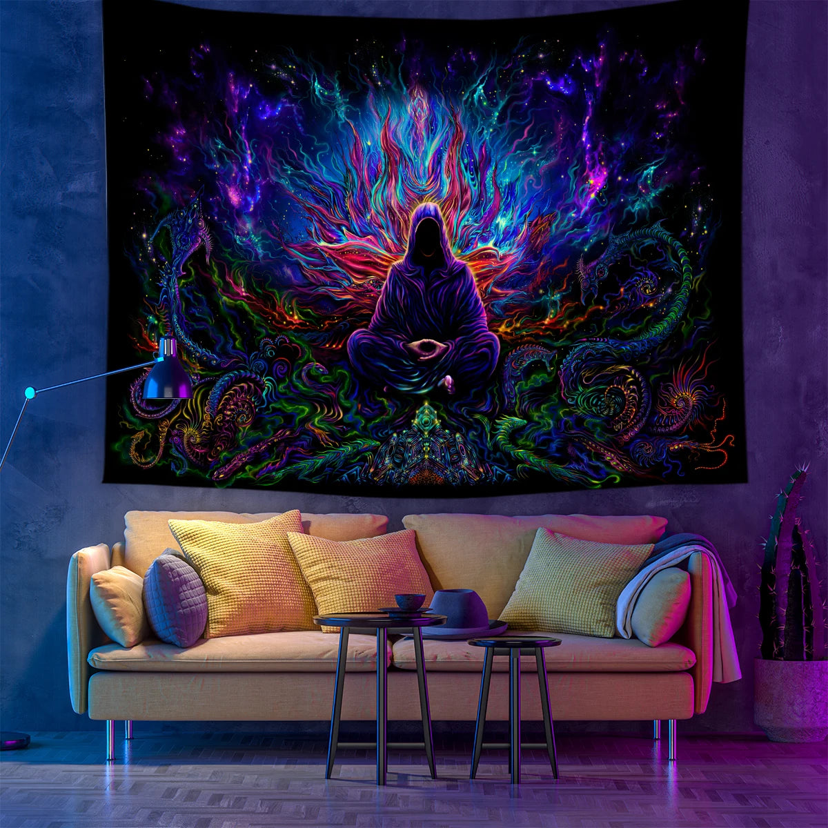 A vibrant tapestry featuring an alien astronaut figure surrounded by glowing purple, blue, and green psychedelic light.