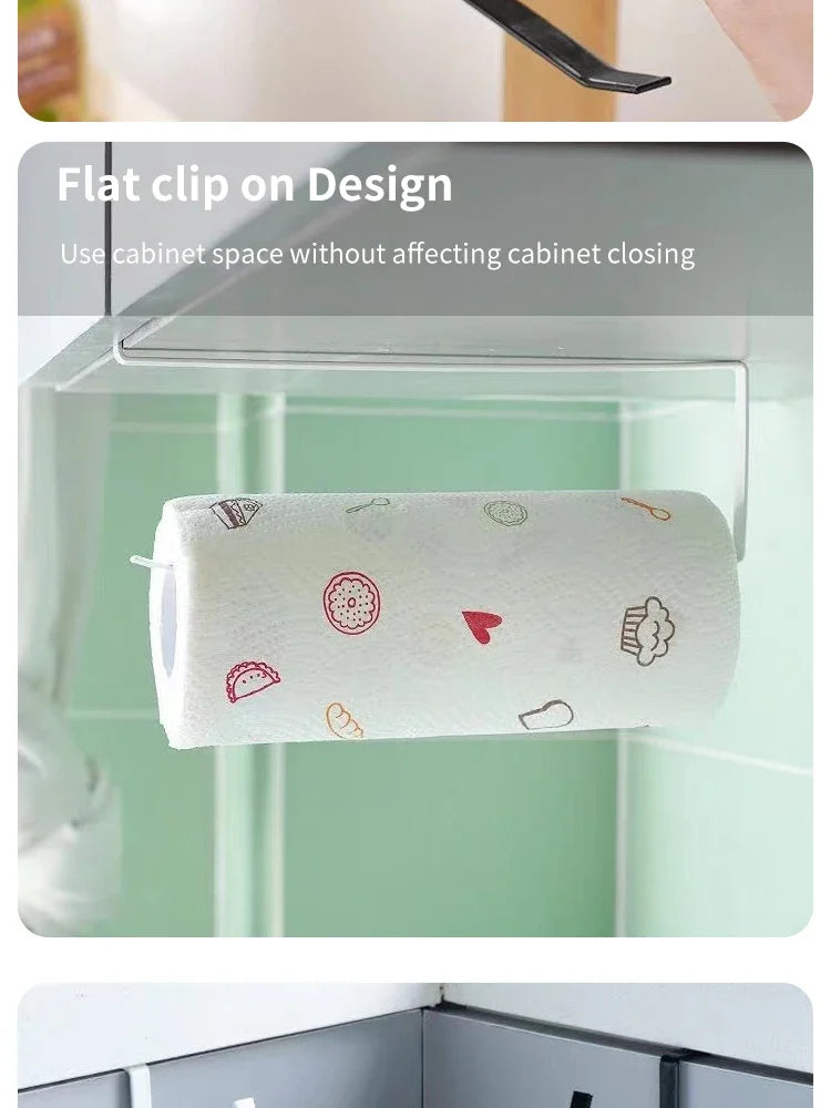 A white paper roll holder with various food-themed designs is shown inside a cabinet space.