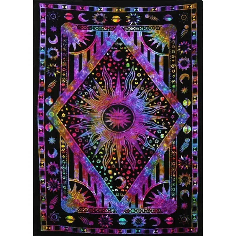 Bohemian mandala tapestry wall hanging featuring a vibrant purple and black design with celestial symbols.
