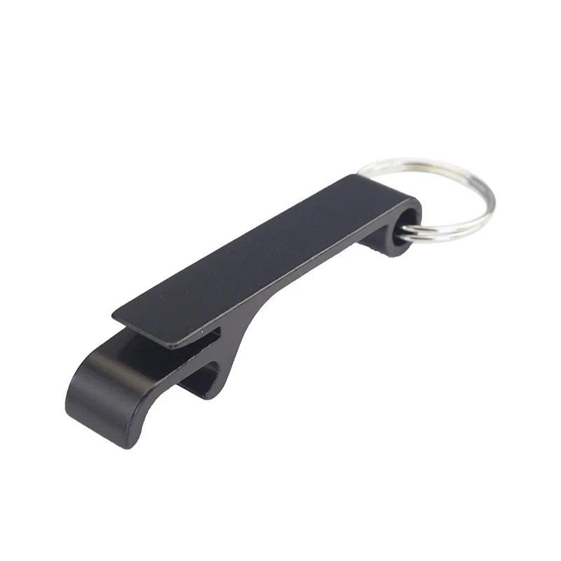 Black aluminum bottle opener keychain set with a split design.