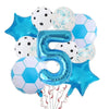 A set of blue and white football-themed helium foil balloons shaped like the number five for a birthday party.