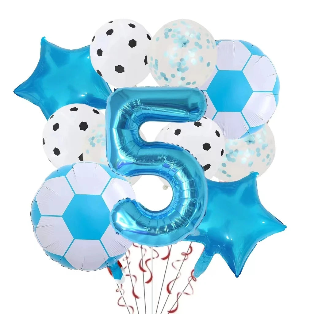 A set of blue and white football-themed helium foil balloons shaped like the number five for a birthday party.
