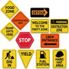 A collection of yellow and orange warning signs related to construction zones, including food zones, detour signs, and hard h
