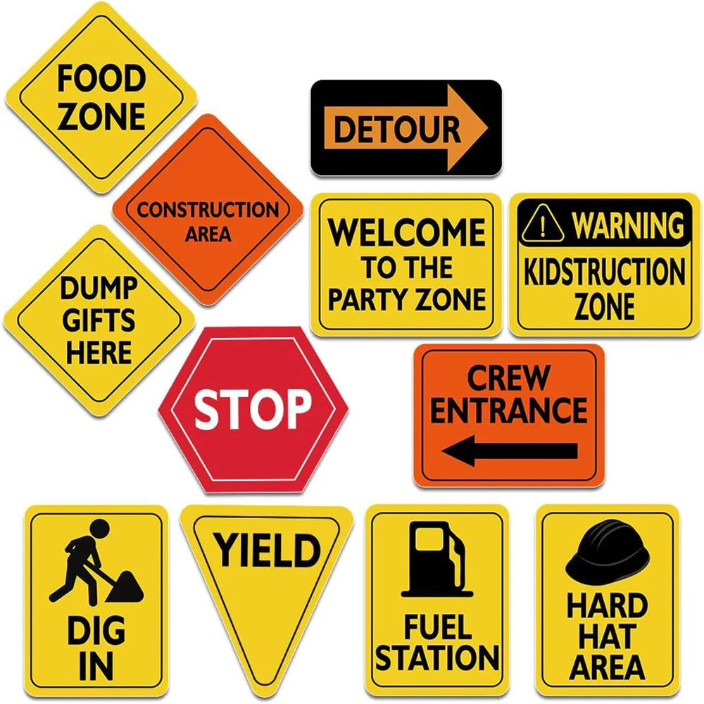 A collection of yellow and orange warning signs related to construction zones, including food zones, detour signs, and hard h
