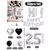 A set of black and white balloons and a silver birthday banner for party decoration