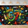 A vibrant wall mural featuring large numbers 67 in bright colors and confetti, celebrating a birthday transition.