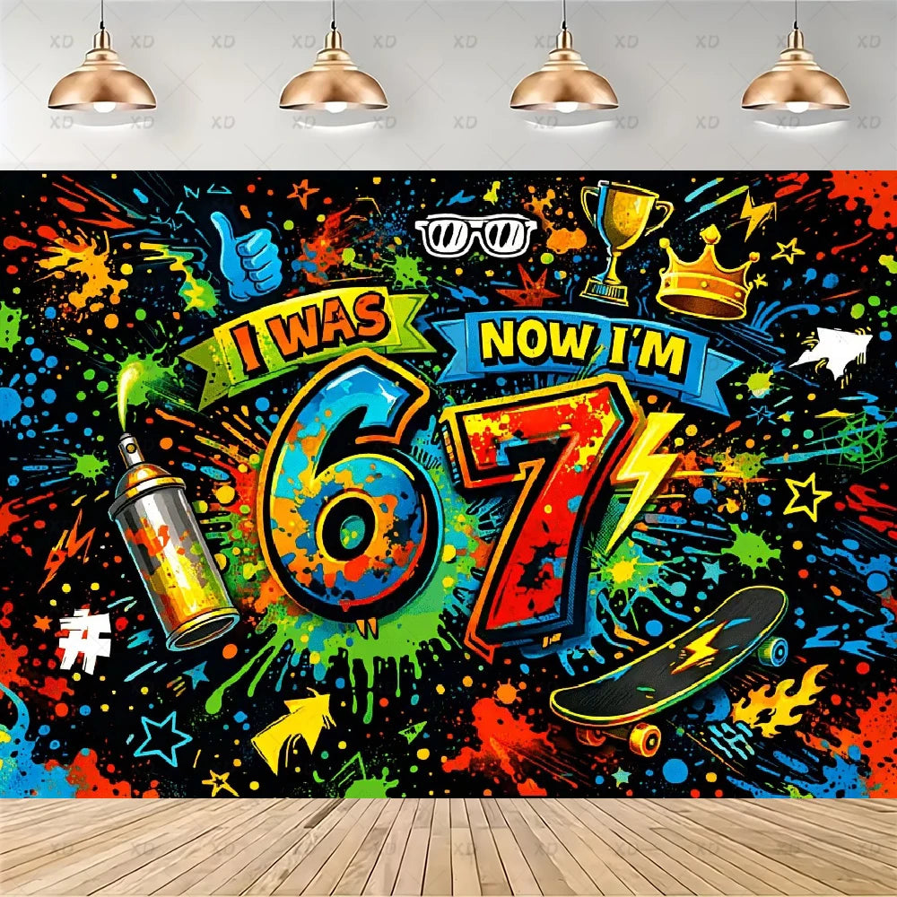 A vibrant wall mural featuring large numbers 67 in bright colors and confetti, celebrating a birthday transition.