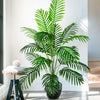 A realistic artificial palm tree with vibrant green silk leaves displayed in a black pot.