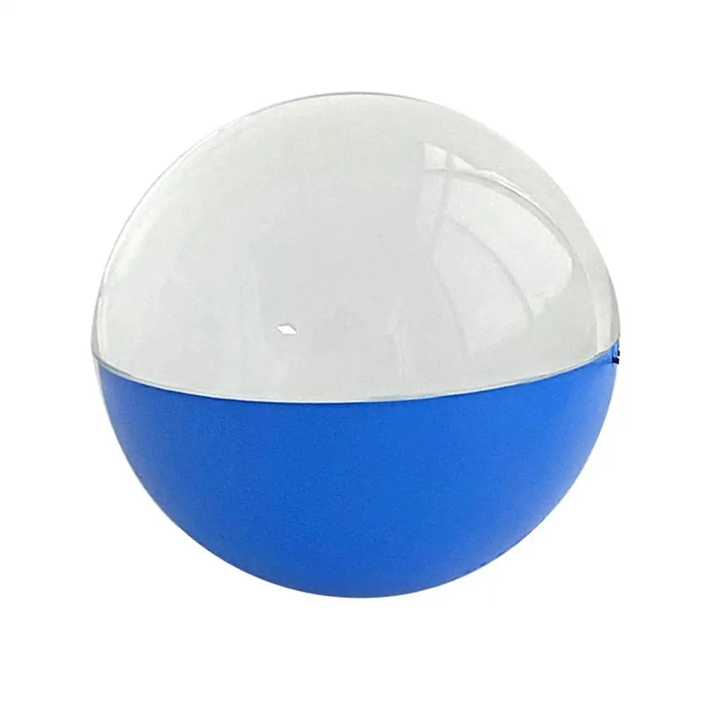 A blue and white spherical video player with a clear dome top.