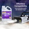 A white bottle of non-toxic fog machine liquid is shown next to a black fog machine unit generating fog.