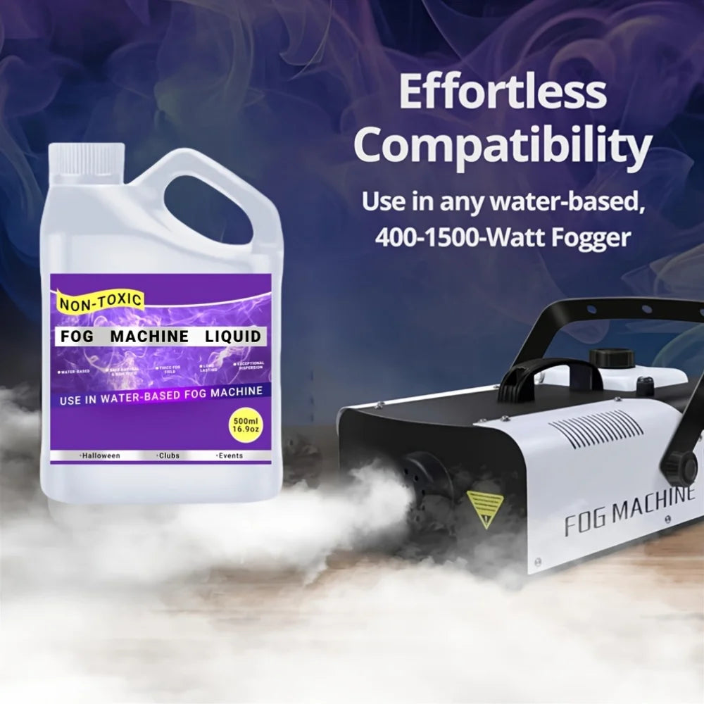 A white bottle of non-toxic fog machine liquid is shown next to a black fog machine unit generating fog.