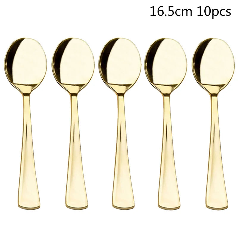 A set of ten gold disposable spoons for party use.