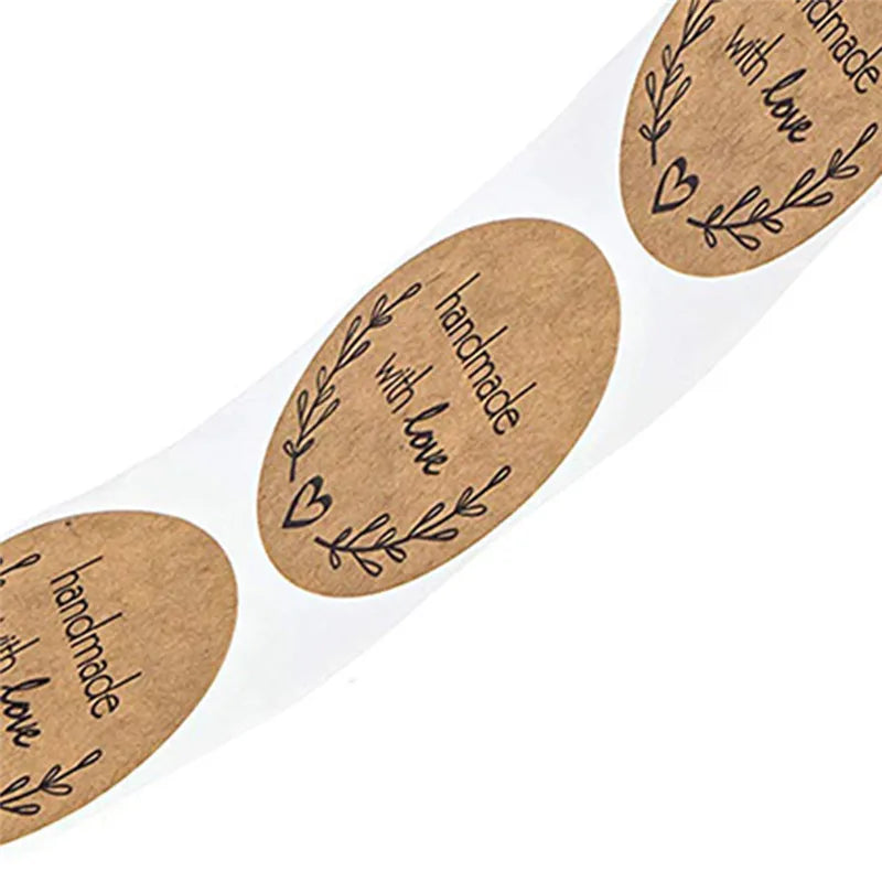 Round kraft paper thank you stickers with handwritten text and foliage designs