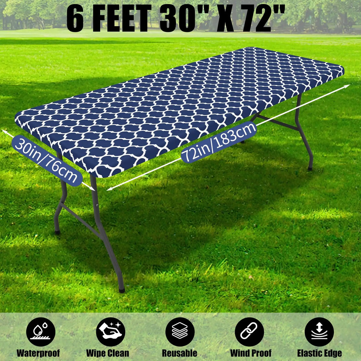 Blue patterned waterproof elastic fitted tablecloth for a 6-foot folding table on green grass.