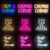 A grid of neon signs featuring phrases like Calming Corner, You Can Do Hard Things, and Trust The Process in various colors.