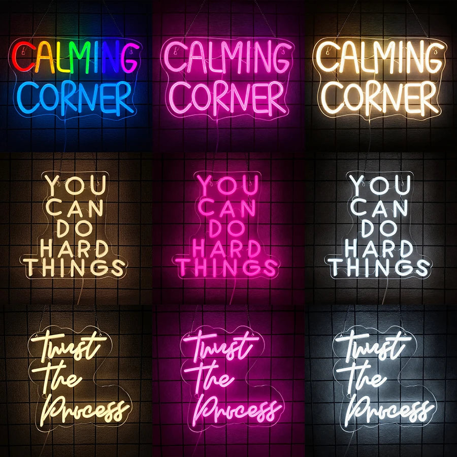A grid of neon signs featuring phrases like Calming Corner, You Can Do Hard Things, and Trust The Process in various colors.
