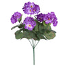 A bouquet of purple artificial geranium flowers with green leaves and stems.