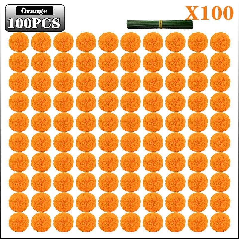 A sheet of 100 artificial orange marigold flowers with stems used for Day of the Dead decorations.