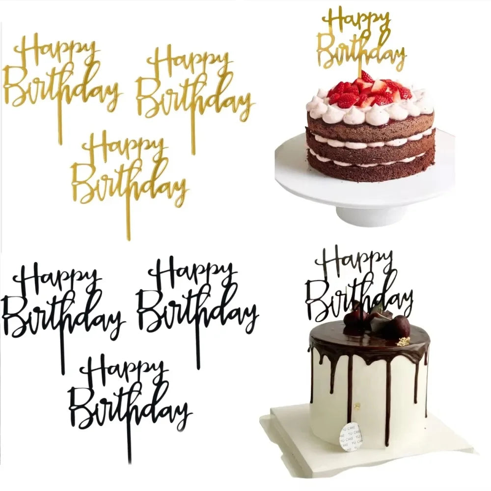 Gold and black acrylic cake topper letters spelling out Happy Birthday