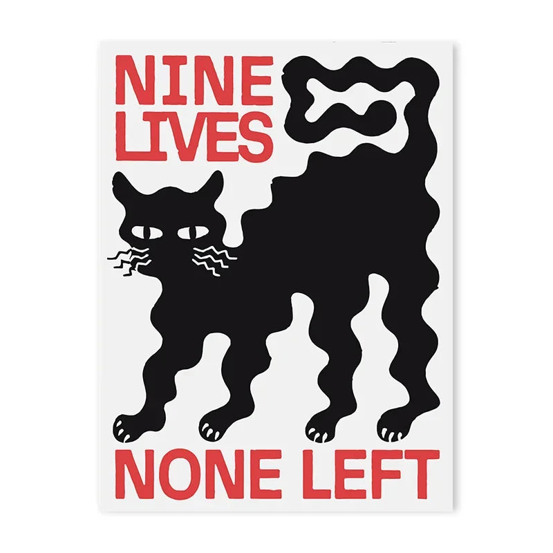 A red and black graphic print featuring the text 'NINE LIVES' and 'NONE LEFT' with a silhouette of a cat.