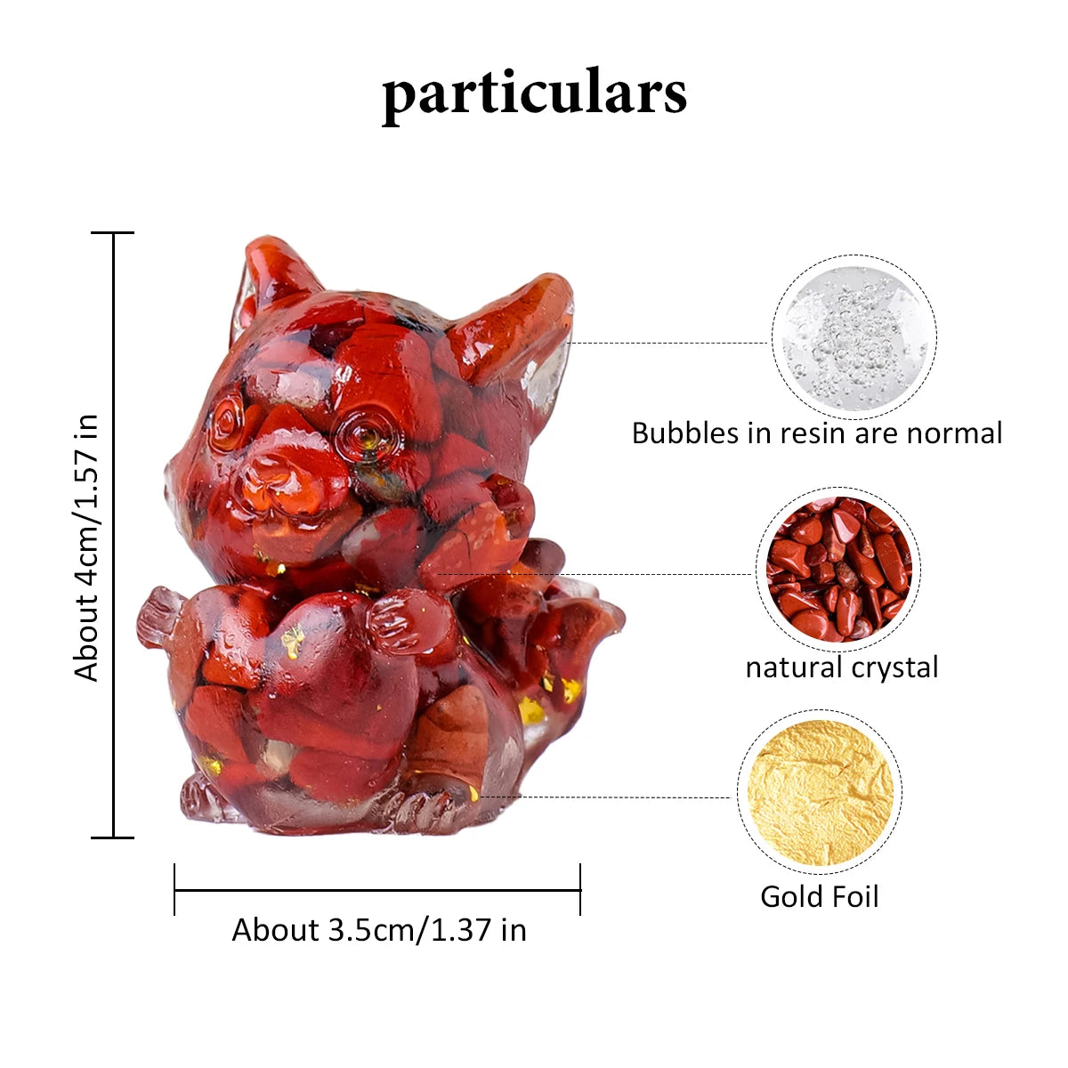 A small, reddish-brown fox crystal sculpture made of resin with gold foil accents.