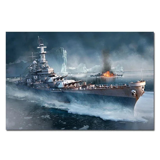 A battleship, likely a Bismarck-class vessel, is shown moving through choppy water with smoke and spray in a dramatic, dark s