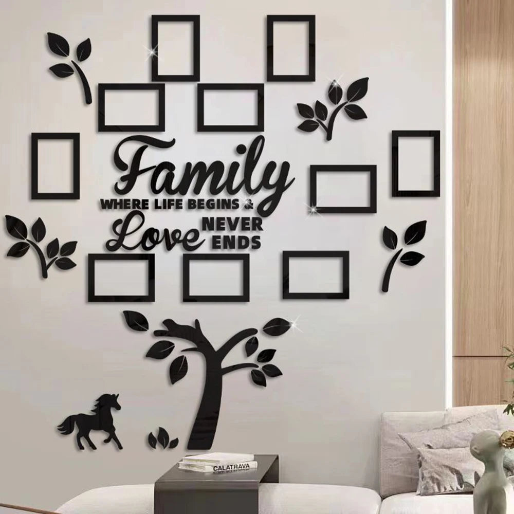 Black acrylic 3D wall art featuring a family tree design with leaves and text on a white wall.