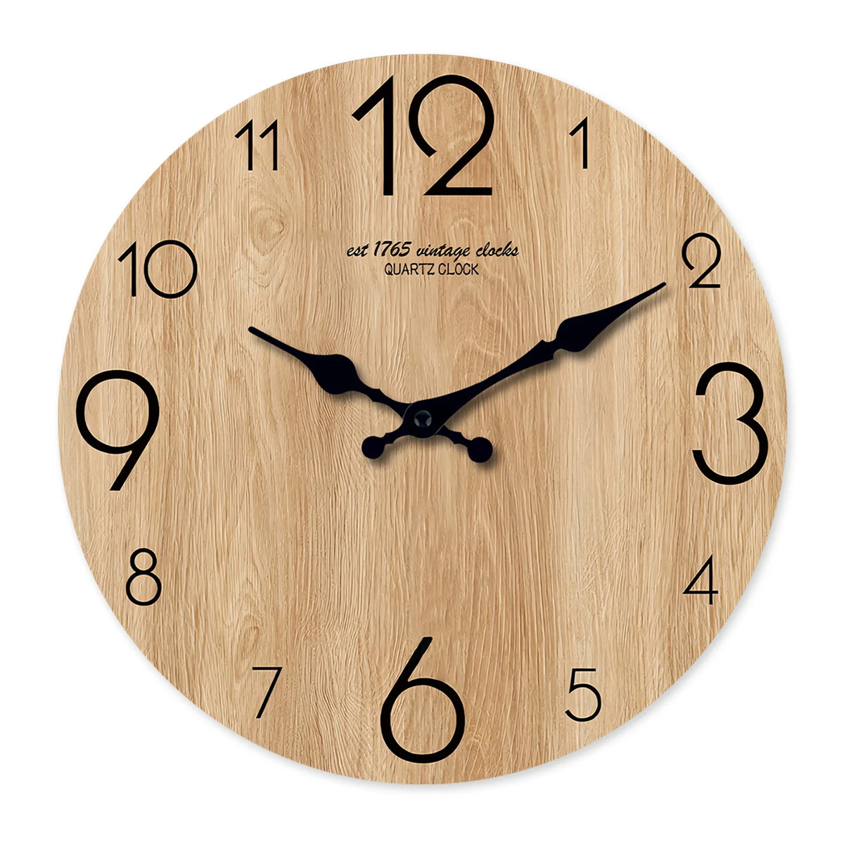 Round wooden wall clock face with black hands and numbers, featuring a wood grain texture.