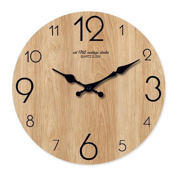 Round wooden wall clock face with black hands and numbers, featuring a wood grain texture.