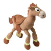 Juguete de peluche de caballo marrón de dibujos animados de pie sobre sus patas.
