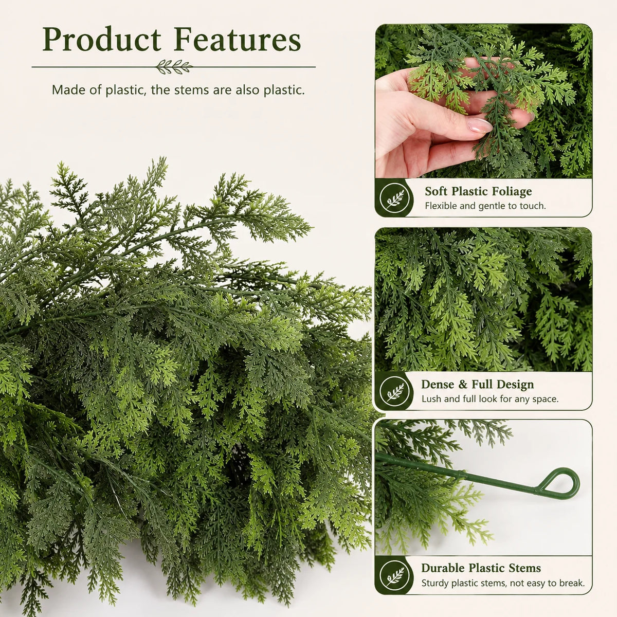 Artificial cedar garland featuring dense green foliage and plastic stems for holiday decor