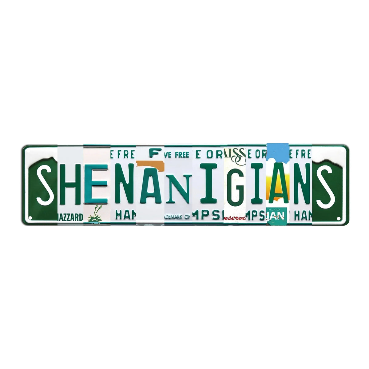 Vintage humorous lowrider metal tin sign featuring the word SHENANIGANS in various fonts and colors