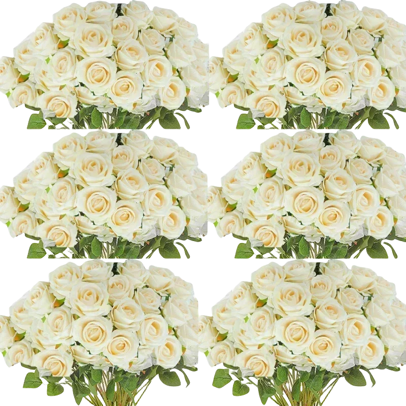 A bouquet of white artificial silk roses arranged in various clusters.