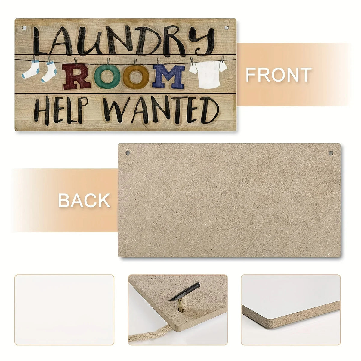 A wooden farmhouse hanging sign with the text Laundry Room Help Wanted on the front and a blank back panel.