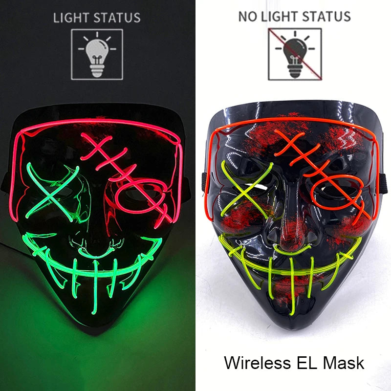 A black glowing LED mask featuring red and green lights, displayed next to a version with no light status.
