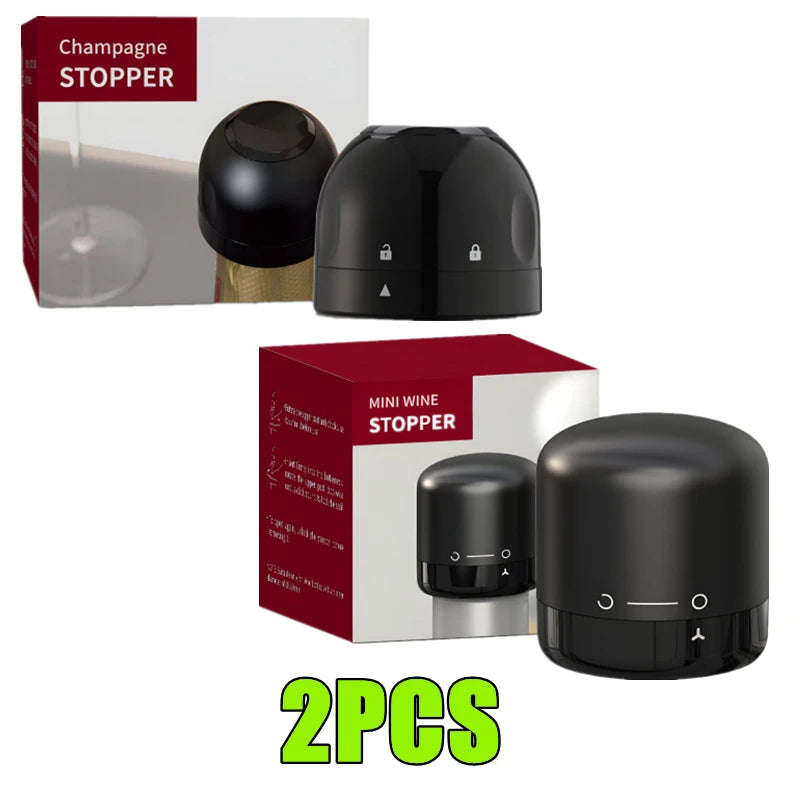 Two black silicone wine bottle stoppers are shown, one in its packaging and one loose.